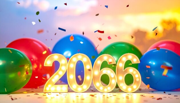 Illuminated marquee numerals form 2066, glowing amid colorful balloons and confetti, symbolizing milestone celebration, radiant festivity, and cheerful atmosphere in dazzling futuristic style.