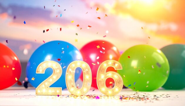 Golden glitter numerals form 206, surrounded by colorful balloons and confetti, set against radiant sky, symbolizing joyful milestone, vibrant festivity, and cheerful celebration atmosphere.