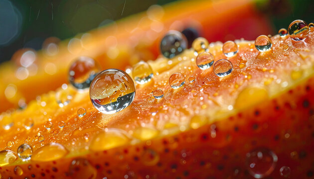 Water droplets resting on fruit.