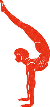 Red vintage circus acrobat woman standing on hands balancing pose graphic