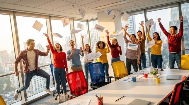 Diverse team of young professionals celebrating in bright office, throwing papers in air and cheering with joyful energy as sunlight fills modern conference room