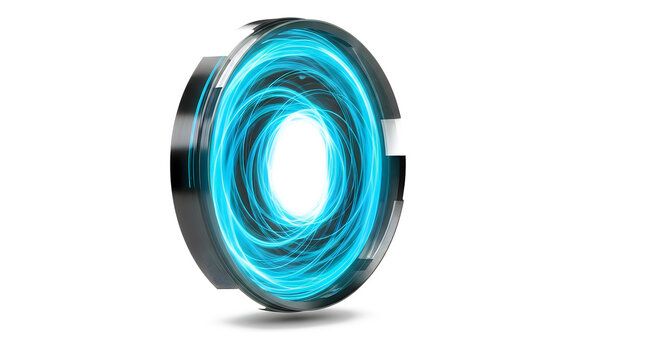 Glowing blue light energy swirls inside a metallic circular frame in this dynamic abstract studio photograph