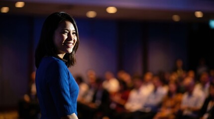 Fototapeta premium Smiling female speaker on stage in blue dress addresses packed conference audience with warm lighting and professional atmosphere