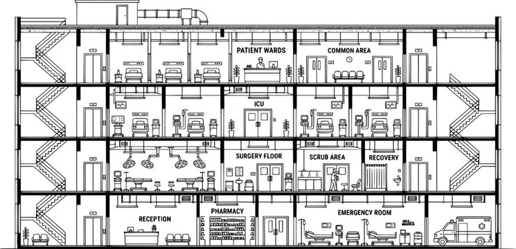 Black and white vector cross-section of a modern apartment tower on white background. Shows multiple apartment units per floor with furniture, building services, elevator shaft, underground parking