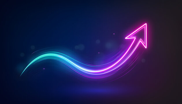 A curved neon arrow moves upward in a smooth motion against a dark background.