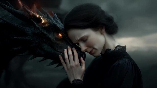 Fantasy wallpaper. A dark, atmospheric portrayal of a woman and a dragon. The woman, in profile, wears a dark, lacetrimmed dress and her hair is styled in an updo.