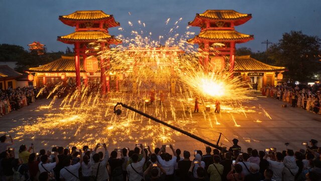 Aerial view of intangible cultural heritage iron flower live performance at Qingming Shanghe Garden in Kaifeng, Henan, splendid traditional folk night art scene
