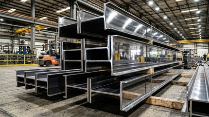 Fototapeta premium A large stack of shiny, polished steel I-beams rests on a concrete floor in a vast industrial warehouse. The beams are arranged in a layered fashion, with several beams overlapping.