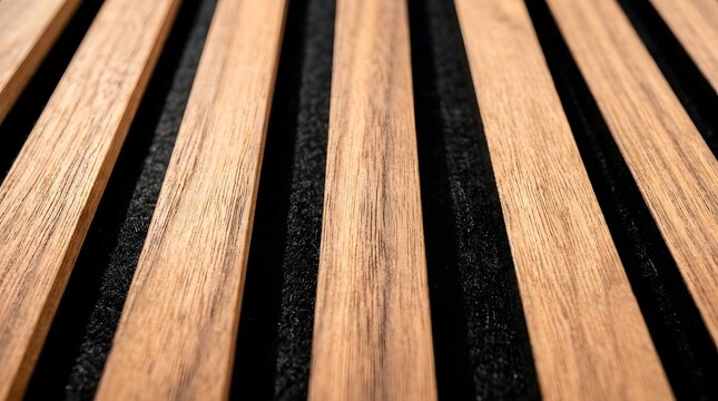 Modern acoustic timber slat panels with wood grain and black felt for interior design backgrounds