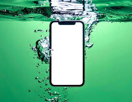 Smartphone Submerged in Green Water with Bubbles