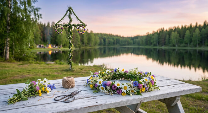 Traditional midsummer flower crown with scissors and twine on white wooden table, midsummer pole and bonfire near calm lake at sunset