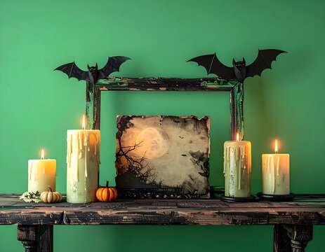 Spooky Halloween Still Life with Candles and Bats