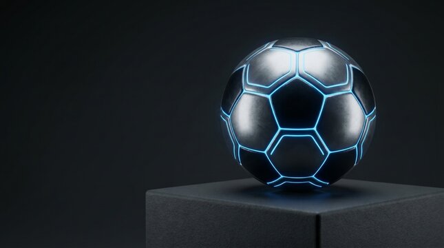 Futuristic Metallic Soccer Ball with Glowing Blue Neon Lines on Dark Pedestal