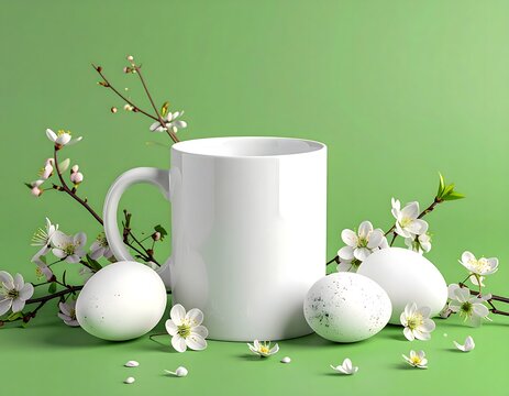 Spring Blossoms and Easter Eggs with White Mug Mockup
