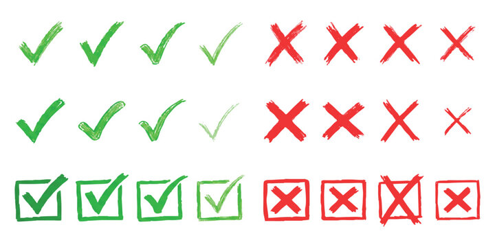 Set of hand drawn green check marks and red cross marks for survey and checklist design elements