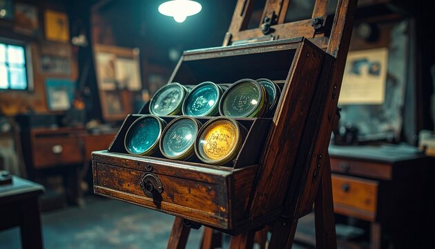 Close-up of vintage darkroom enlarger with colored lens filters on easel