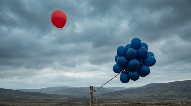 Red Balloon Floating Away from Blue Balloon Bunch in Moody Landscape Representing Individuality and Freedom