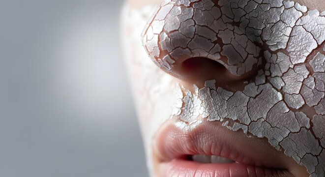 Close up of cracked dry skin texture on a human face.