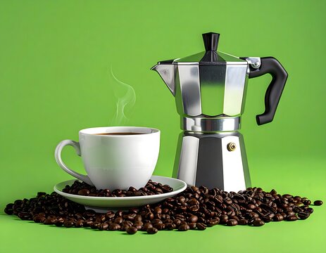 Steaming Coffee with Moka Pot and Roasted Beans
