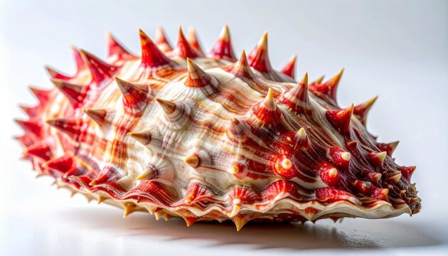 Close-up macro of red and white thorny oyster spines on shell surface