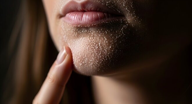 Close-up of a womans dry chapped lips and chin with finger touching skin.
