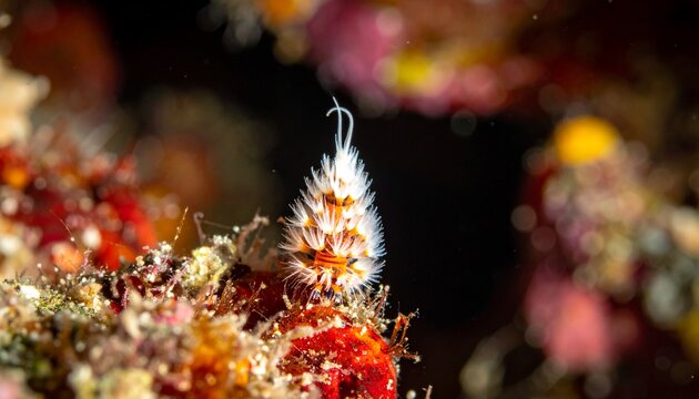 Close-up macro portrait of a fireworm with white bristles on coral reef