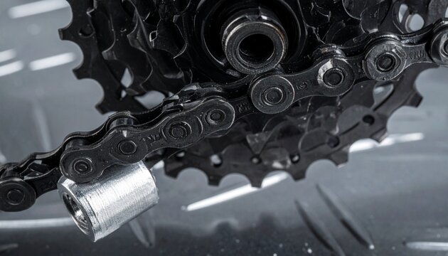 Close-up of bicycle derailleur mechanism with chain and jockey wheels