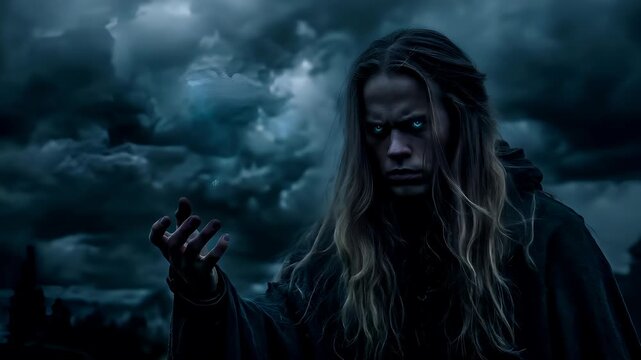 Fantasy wallpaper. A dramatic portrayal of a male figure with long, flowing blonde hair and piercing blue eyes, set against a stormy sky. He wears a dark.
