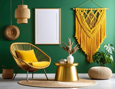 Stylish Bohemian Interior with Green Wall and Rattan Furniture