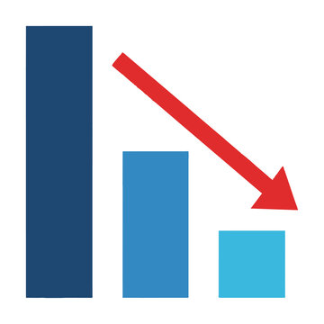 Minimalist bar chart icon showing a downward trend with a diagonal arrow and decreasing vertical steps against a white background for a business analytics concept
