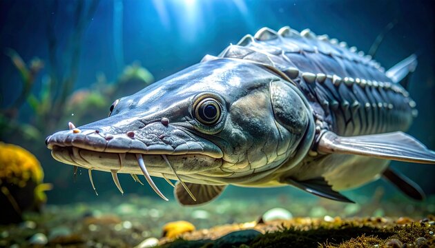 Close-up portrait of a beluga sturgeon with silver armored scales underwater
