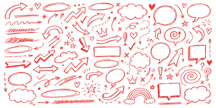 Set of hand drawn red arrows speech bubbles and decorative shapes for notes and bullet points