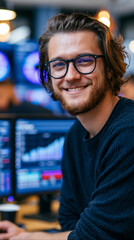 Obraz premium Smiling Young Male Entrepreneur Analyzing Financial Data on Computer in Modern Office Workspace