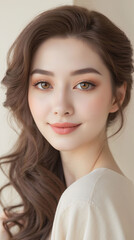 Fototapeta premium Premium Asian female closeup showcasing clear skincare perfection with flowing brown hair advertising wallpaper atmosphere beautifully today
