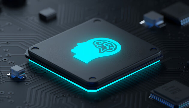 Futuristic CPU chip with glowing brain icon representing artificial intelligence and technology