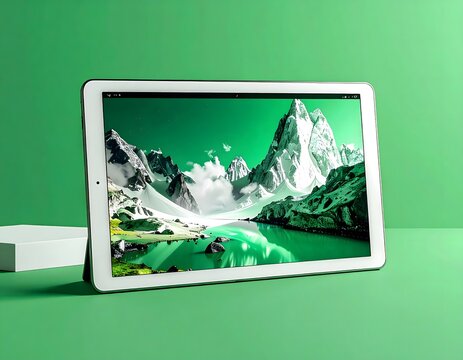 Tablet Displaying Vivid Mountain Lake Landscape