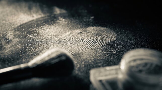 Extreme close-up of fingerprint dust on glass surface illuminated by forensic side lighting with shallow depth of field in a minimal dark crime investigation concept