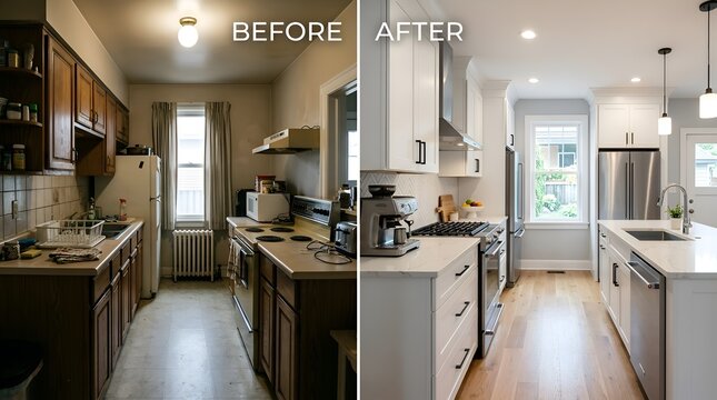 Kitchen renovation before and after comparison, remodel concept