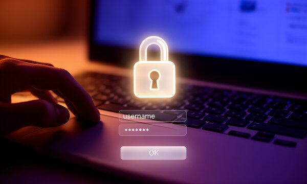 User's hand on laptop with glowing padlock icon for secure digital login and data protection.