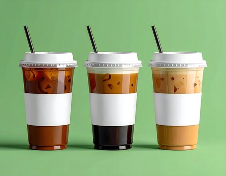 Three Iced Coffee Drinks on Green Background