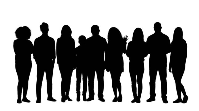 Group of diverse people standing together silhouette style isolated on transparent background, Vector