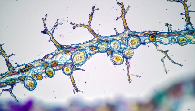 Microscopic view of mycorrhizal fungi colonizing plant root cells in thin section