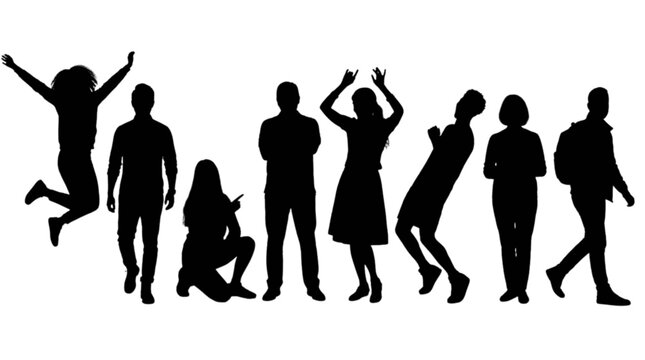 Silhouette people celebrating with different poses isolated on transparent background, Vector