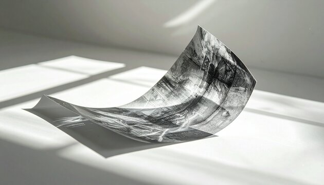 Abstract black and white photogram of curved paper with shadow and light effects