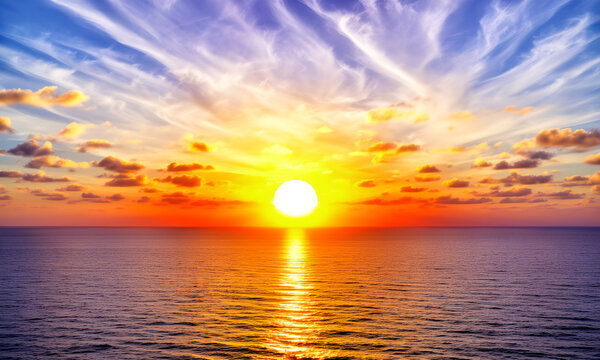 Breathtaking Vibrant Sunset Over Calm Ocean Waters with Dramatic Colorful Sky Reflection
