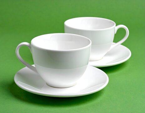 Two Elegant White Teacups on Green Background