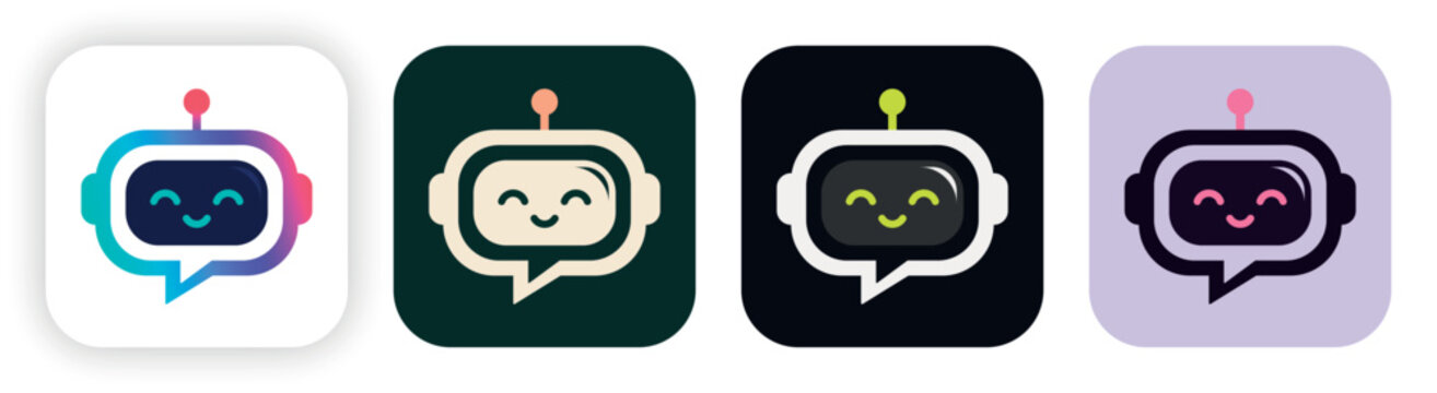 AI chatbot app icon set with cute robot assistant symbols in rounded square layouts for mobile apps, web apps, customer support and digital services