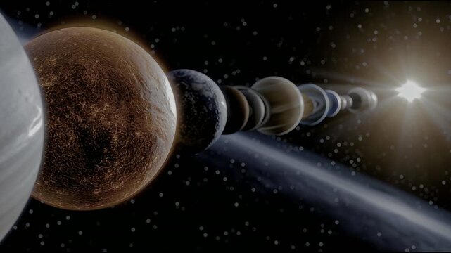 Solar system lineup with glowing sun and planet orbit in space astronomy cosmic galaxy universe alignment background, dramatic view of planetary row under stars and nebula glow