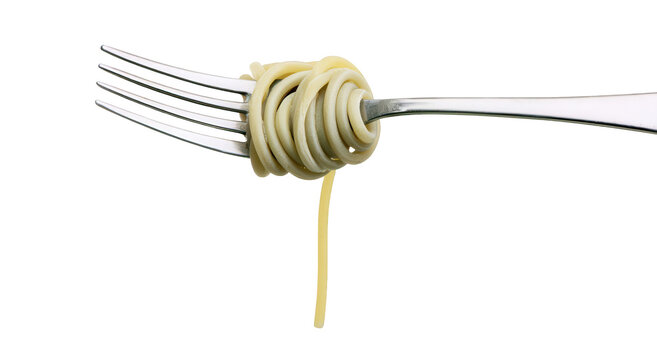 A fork with spaghetti wrapped around it on transparent background