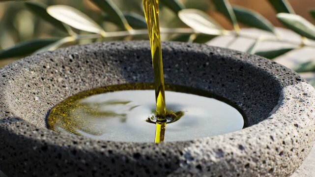 Extra virgin olive oil in deep gold-green stream pouring into dark volcanic stone bowl on pale stone surface, Mediterranean terroir quality, green blur background, mineral copy space.